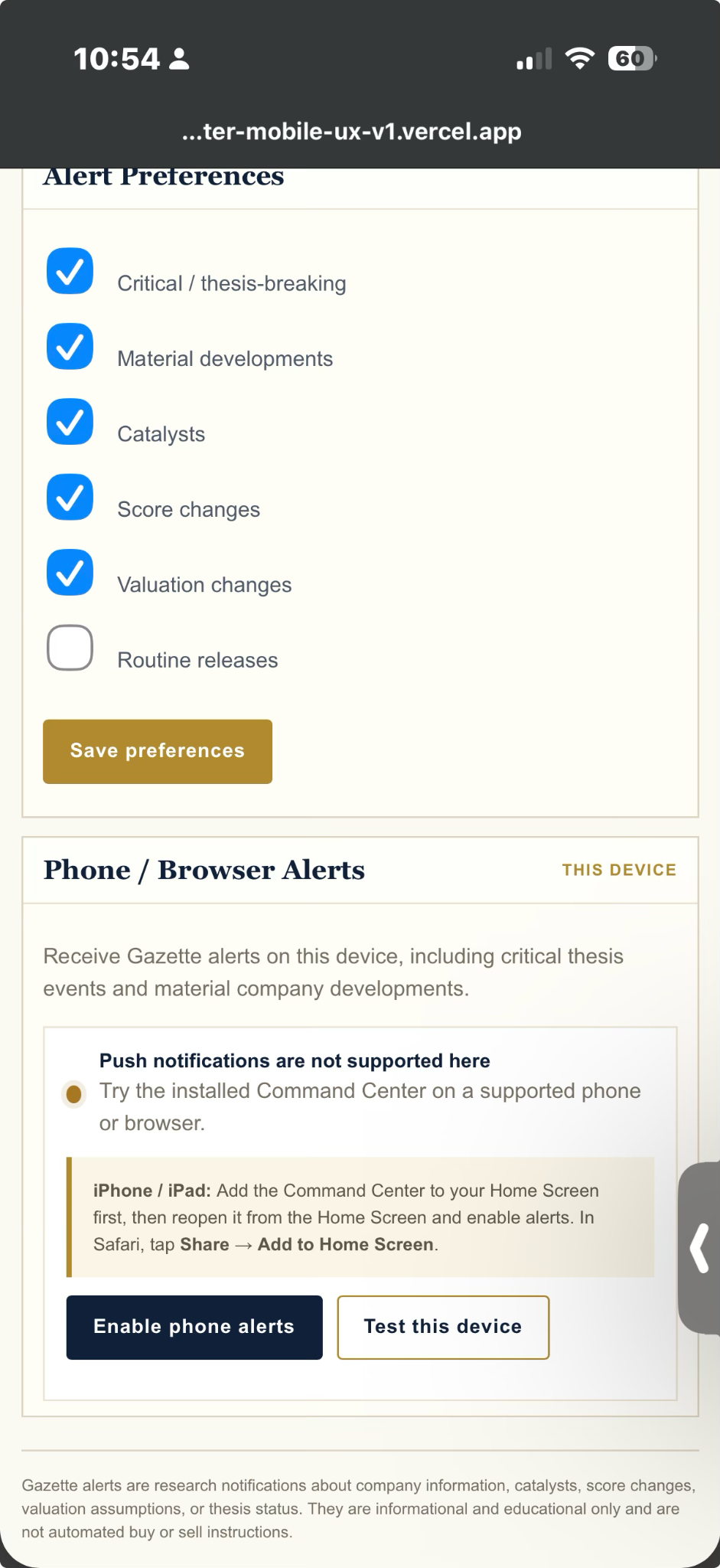 Example of Gazette Command Center phone alert settings on iPhone